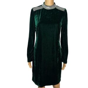 NEW ELIE‎ TAHARI Size L Emerald Velour Long Sleeve Mini Dress BEADED